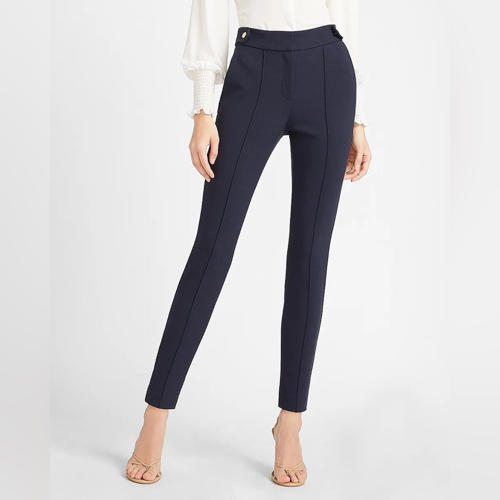 Express | High Waisted Soft & Sleek Button Tab Skinny Pant, Navy Blue, Size: 2S